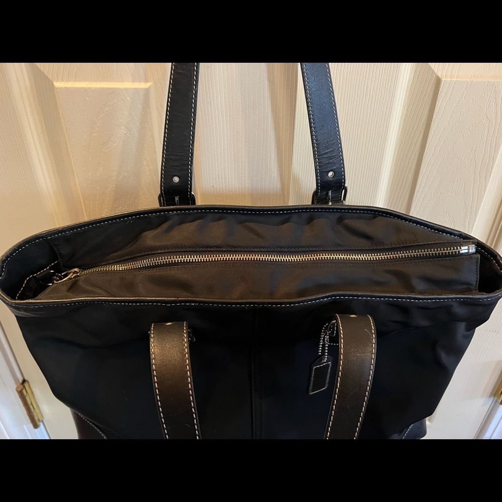 Coach Nylon Black Tote Leather Trim Shoulder Logo Purse Work Travel - Picture 7 of 16